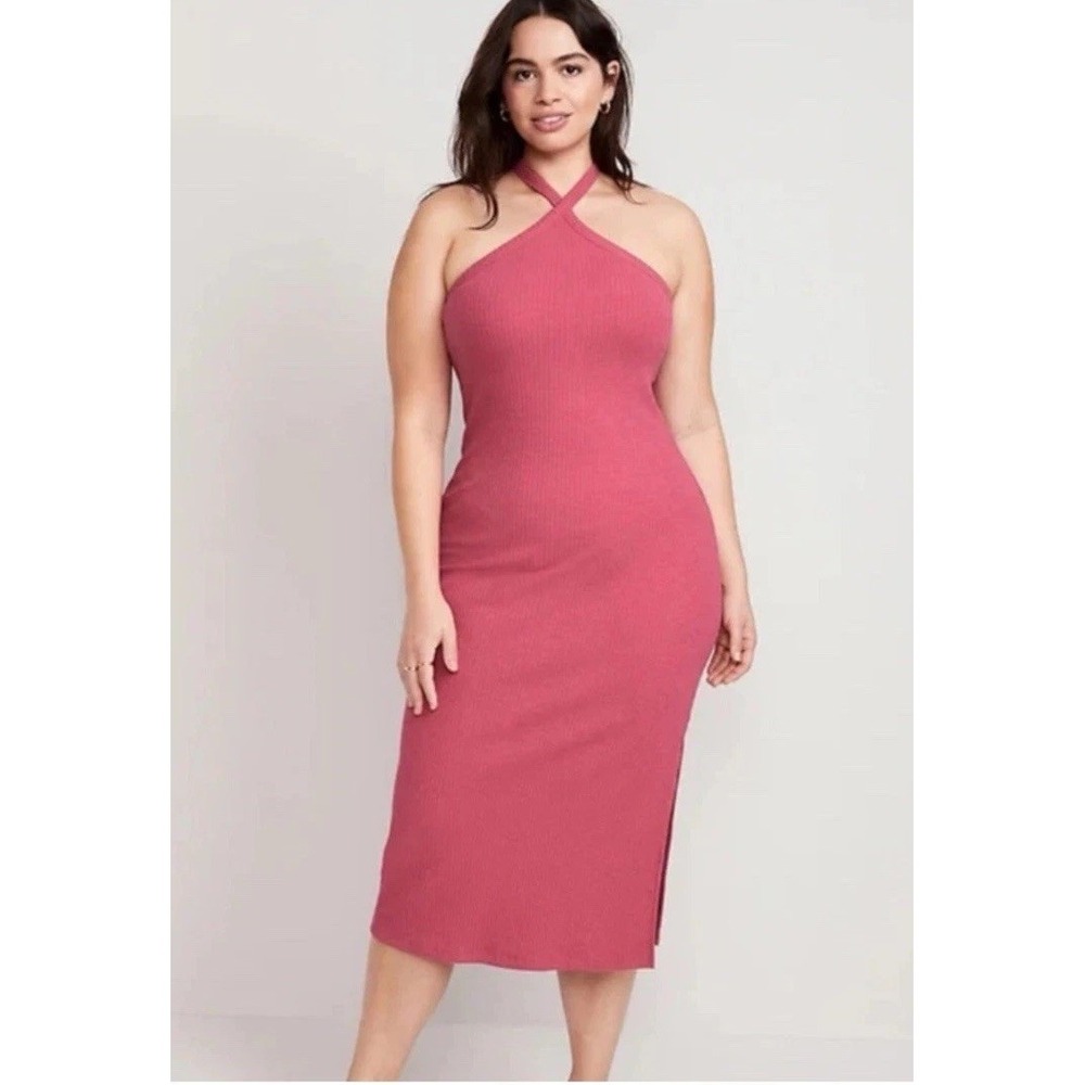 Old Navy Womens Rib Knit Halter Midi Dress Size Small Pink Summer Spring Bodycon
